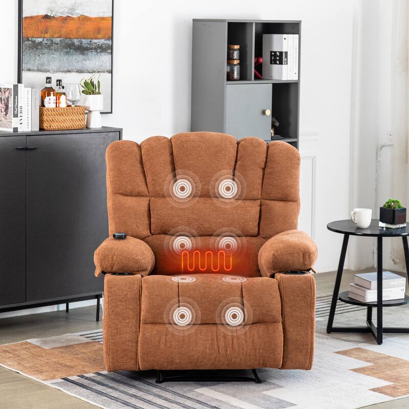 Massage Recliner Chair, Breathable Fabric Ergonomic Single Sofa Chair with Heat and Vibration and Cup Holders & Side Pockets - Brown