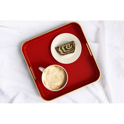 American Atelier Red Serving Square Tray with Gold Trimming & Handles - Red/Gold - 13.3 x 13.3 in
