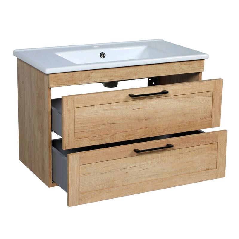 Modern Wall-Mounted Bathroom Vanity with Washbasin Palm Beach Teak Natural Non-Toxic MDF-26"-Simple 32"