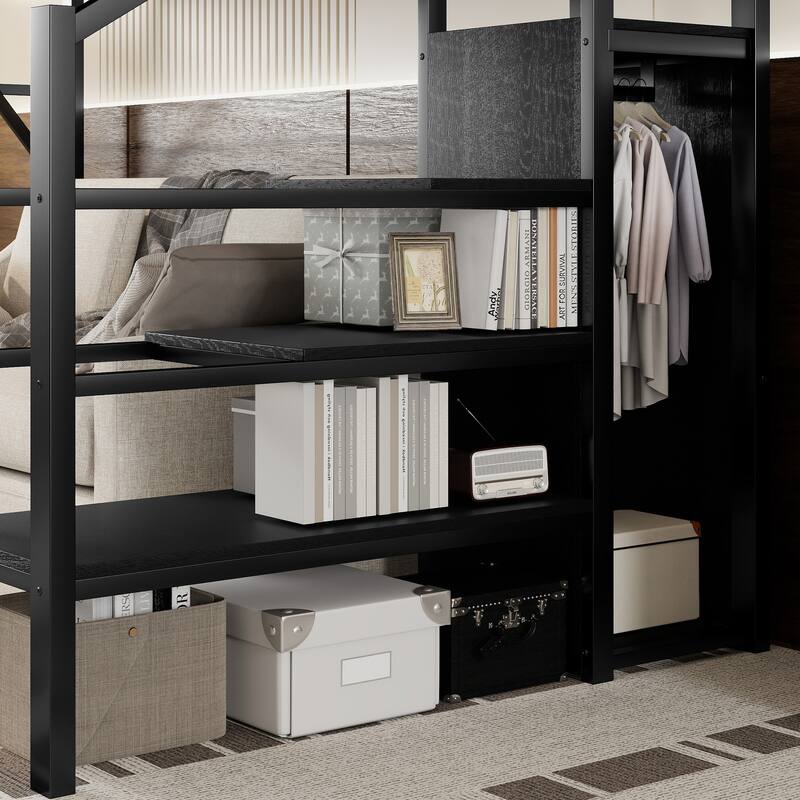Twin XL Size Loft Bed with Stairs, Metal Full Loft Bed with Storage Shelves, High Loft Bed with Wardrobe for Kids Teens