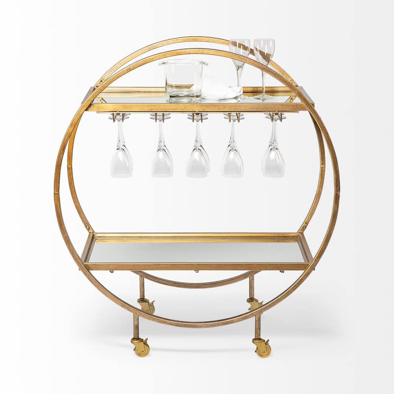 Carola Gold Iron Frame w/ Two-Tier Mirrored Shelves & Stemware Holder Bar Cart - 36.25L x 18.0W x 40.25H