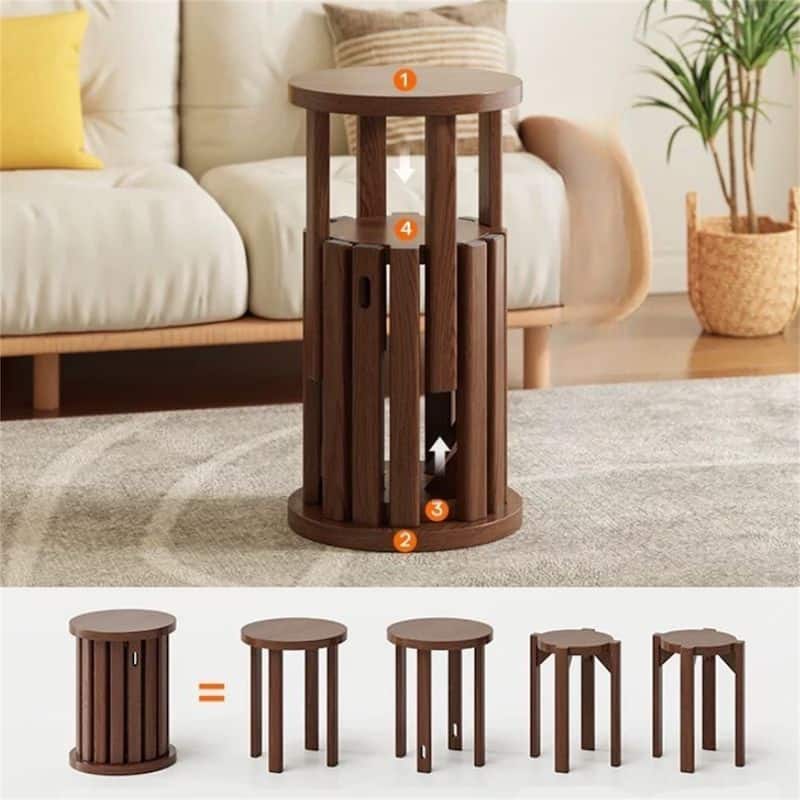 4 Packs Walnut Stools Spac-saving Design, 4-in-1 Solid Wood Stool Side Table
