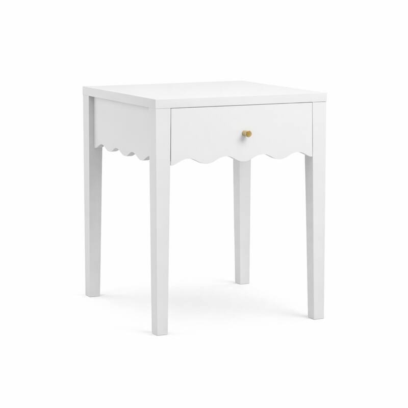 White Nightstand with Drawer, Modern Bedside Table with Wavy Apron Design, Compact End Table, Small Side Table with Storage