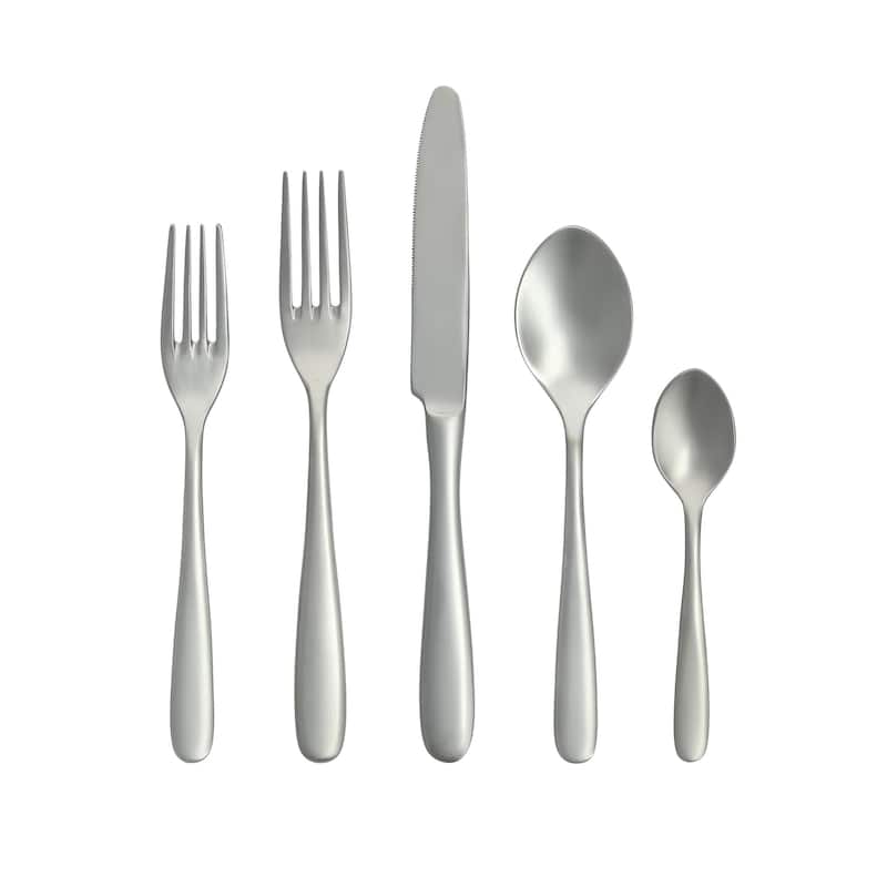Fortessa Grand City 18/10 Stainless Steel, 5PC Flatware Set (Service for 1), Silver - 5 Piece Set - Sand Blasted - Service for 1