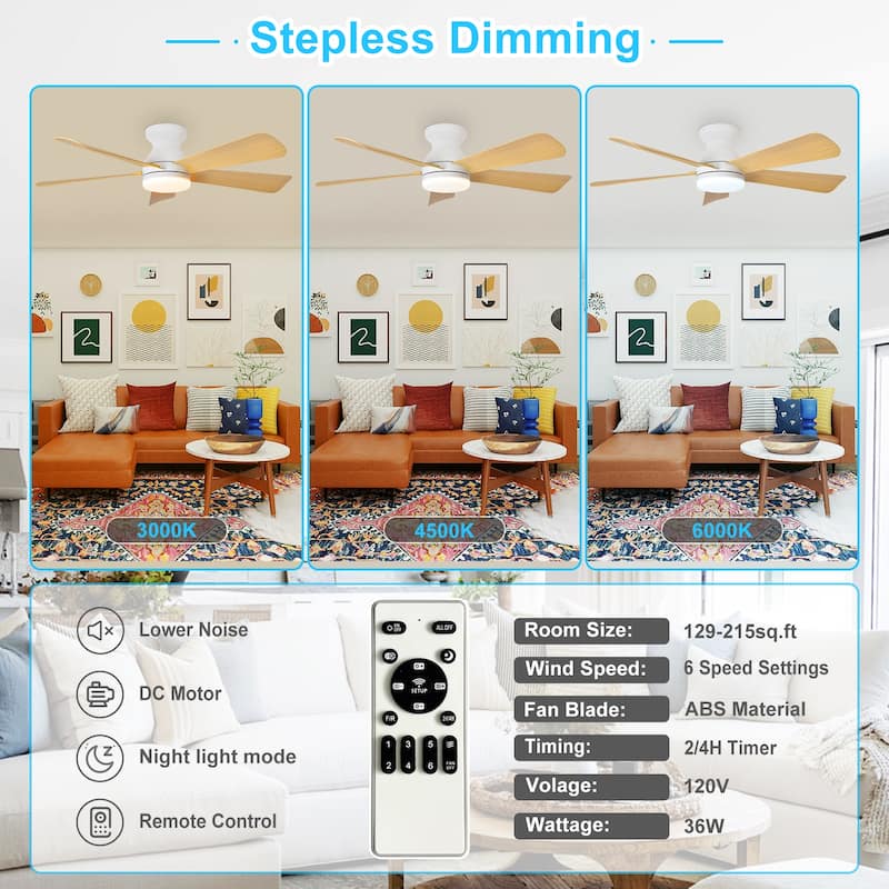 42/35 Inch Low Profile Ceiling Fan with Light: Dimmable, Remote Control, 6-Speed, 5 Blades