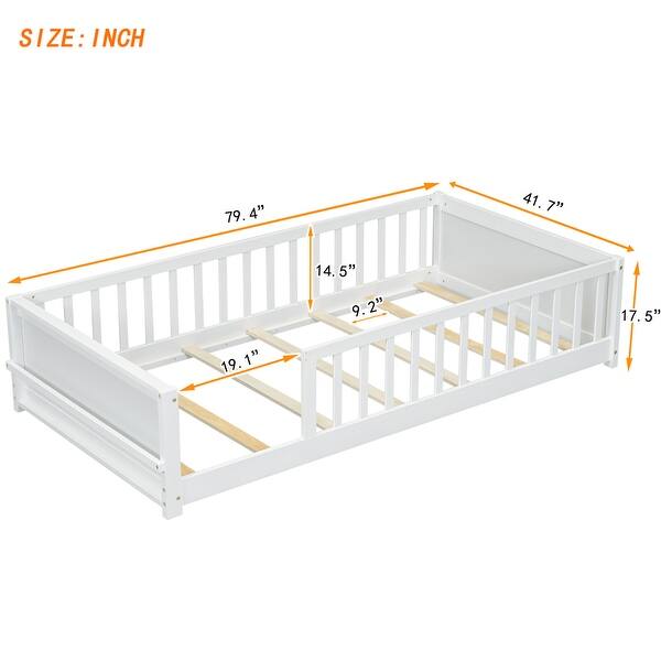 dimension image slide 2 of 3, Twin Size Floor Platform Bed with Built-in Book Storage Rack