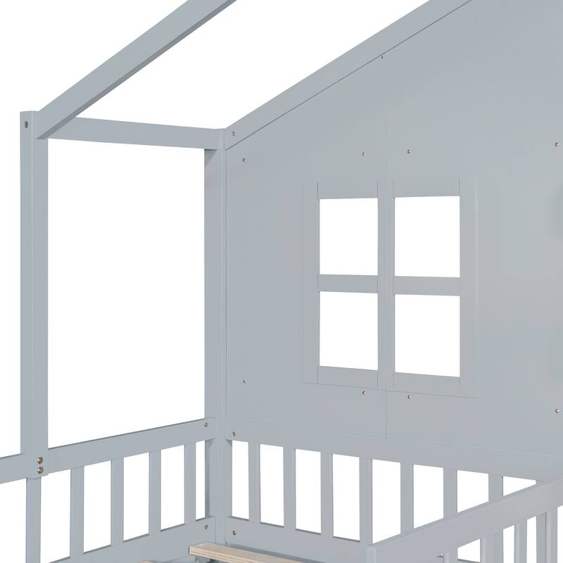 Twin Size Wooden House Bed with Sofa, Kids Playhouse Platform Bed with Two Drawers and Storage Shelf