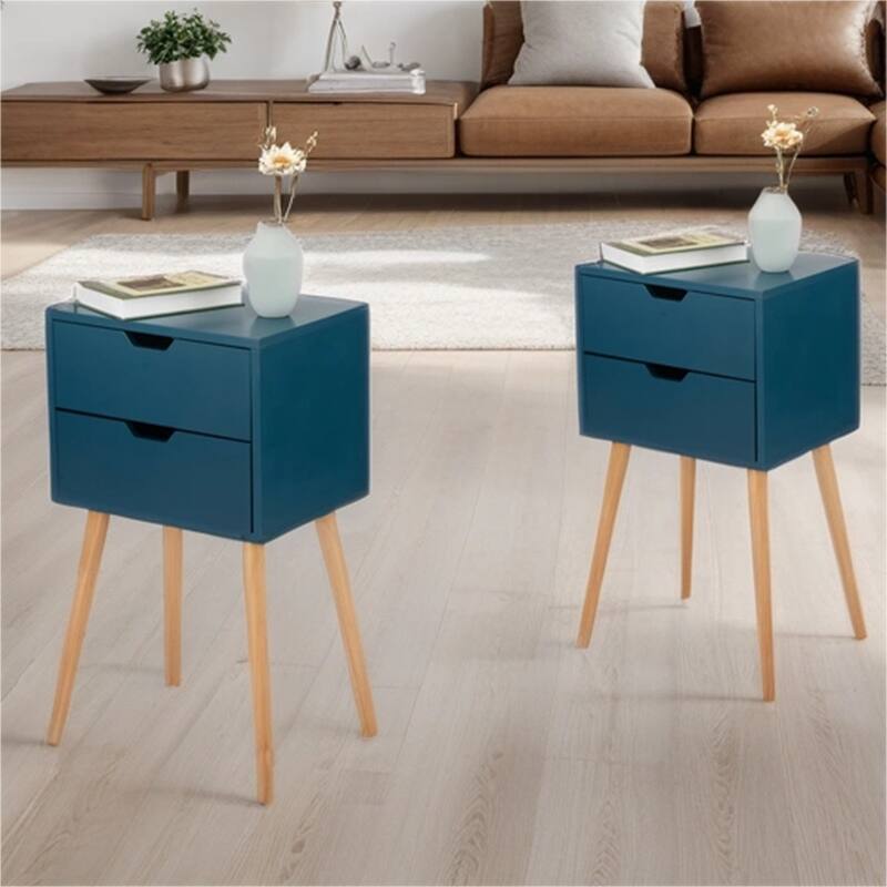 Mid Century Wood Nightstand with 2 Drawers and Pinewood Leg (Set of 2)