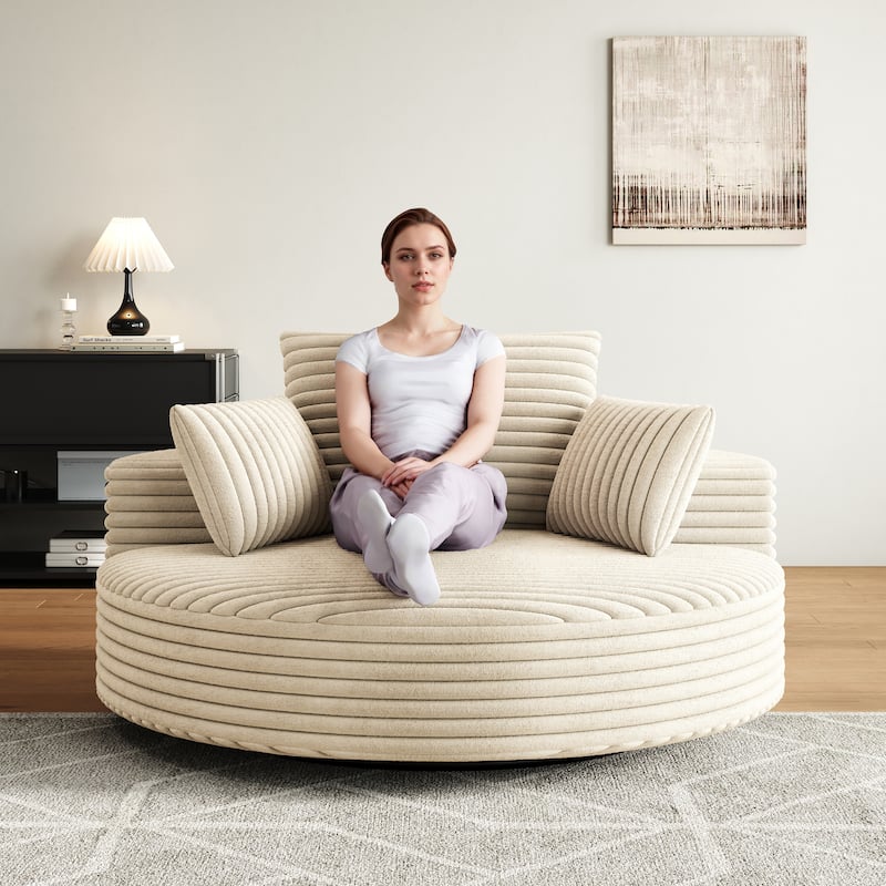 Fluffy Sleeper Sofa Chair 360° Swivel Chair Sofa Single Chaise Lounge Corduroy Foam Sofa Chair with Neck Support and Pillows