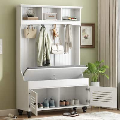 Hall Tree with Coat Rack and Storage Bench, 5-in-1 Coat Hanger with Entryway Bench White Freestanding Organizer for Bedroom