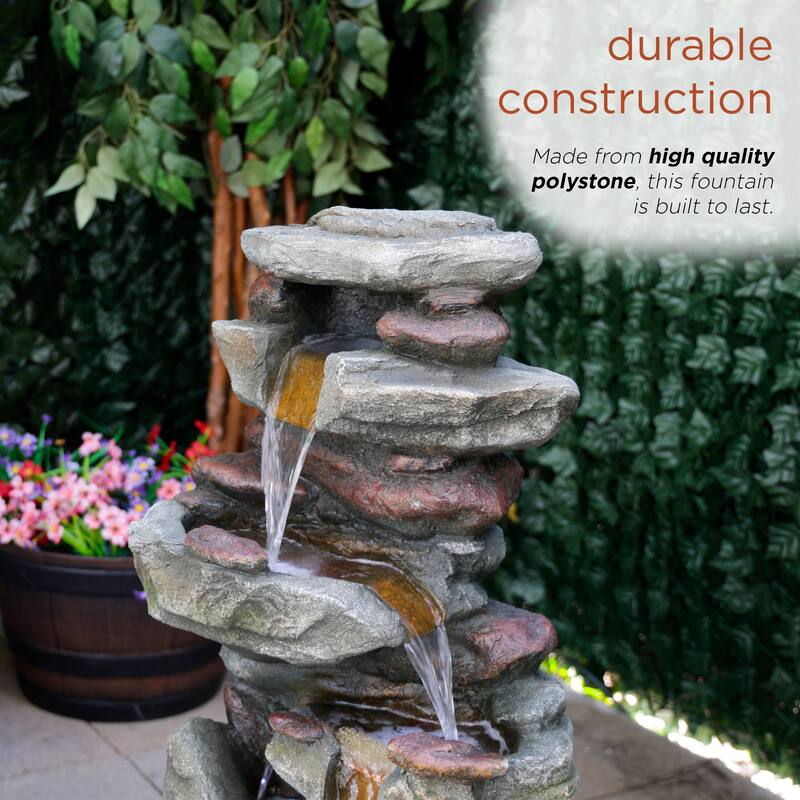 31" Rock Fountain w/ LED, Outdoor Cascading Feature, Gray