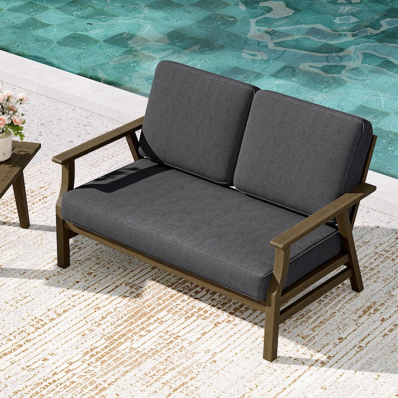 Teak Frame Outdoor Loveseat Daybed with Water-Resistant Cushions. - Dark Grey/Loveseat - Brown Wood