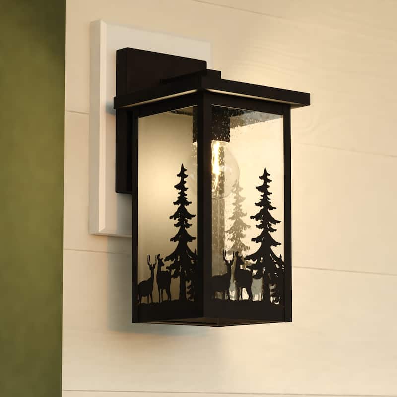 VAXCEL Acadia Matte Black Rustic Wildlife Outdoor Wall Sconce Light Fixture, Steel, Clear Seeded Glass Shade - Matte Black - 6-in W x 12.25-in H x 6.75-in D