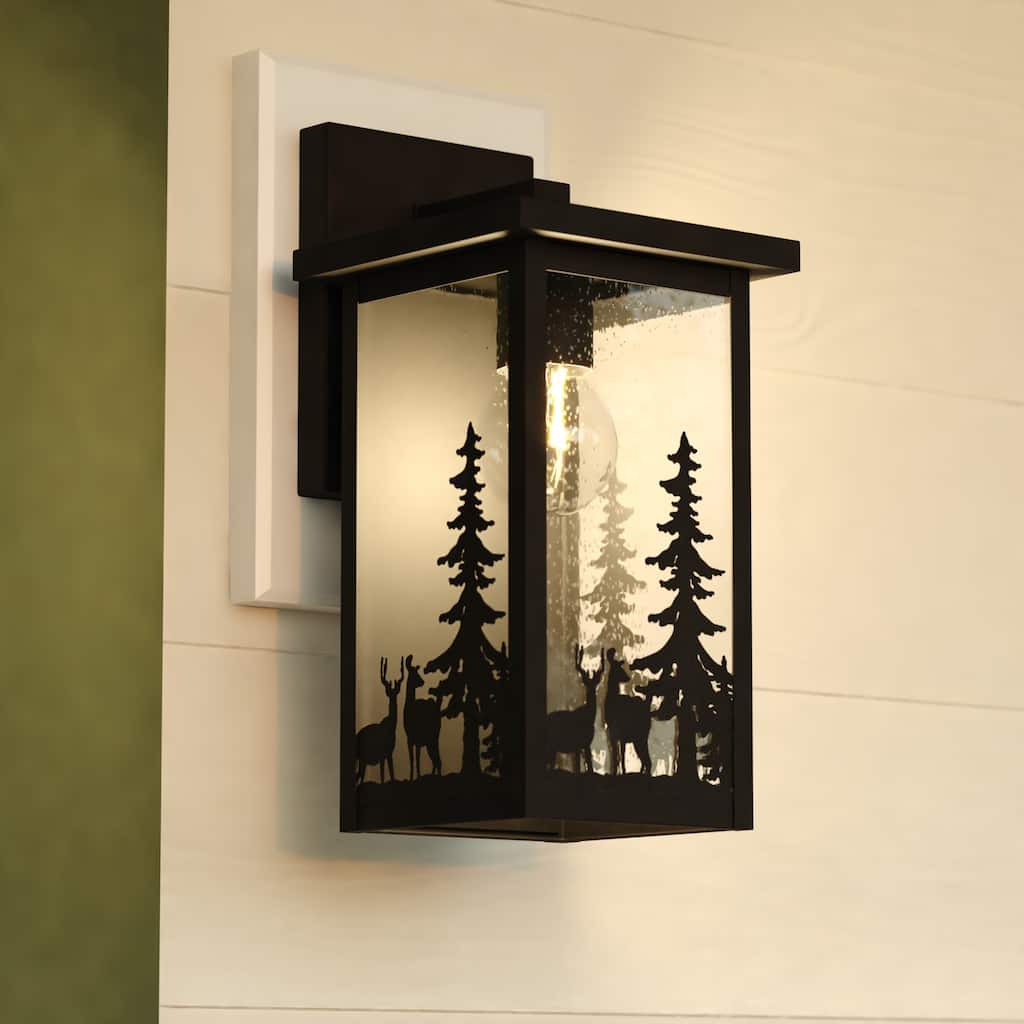 VAXCEL Acadia Matte Black Rustic Wildlife Outdoor Wall Sconce Light Fixture, Steel, Clear Seeded Glass Shade
