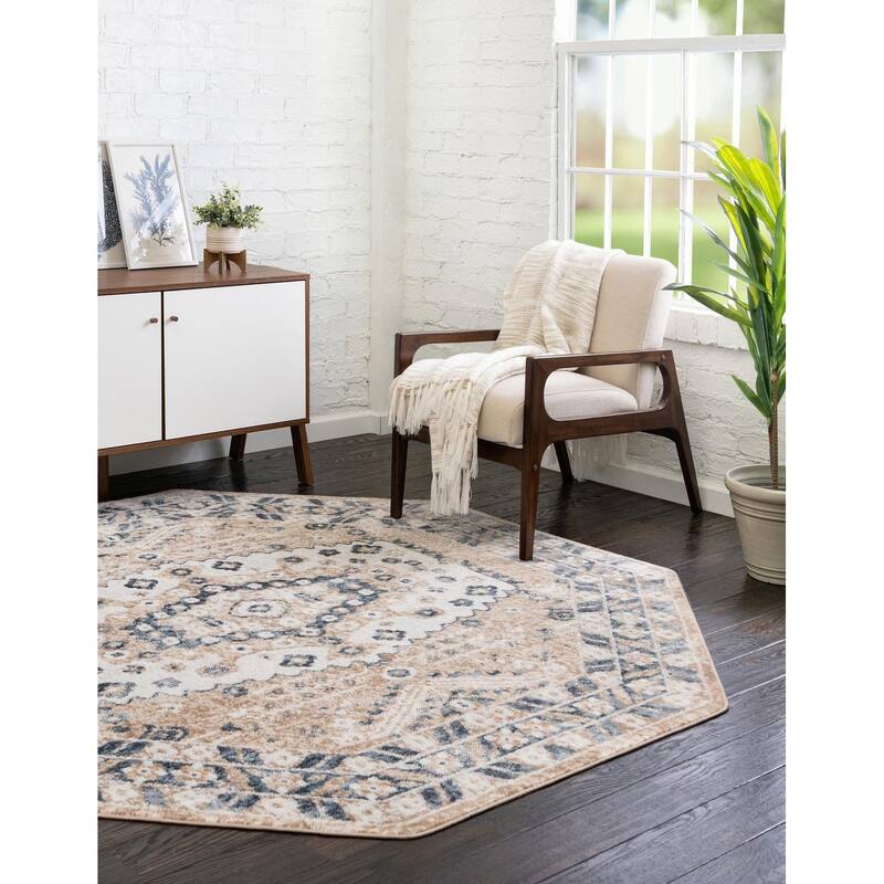 Contemporary Trabzon Collection Area Rug - Beige-Ivory - 7'x7' Octagon