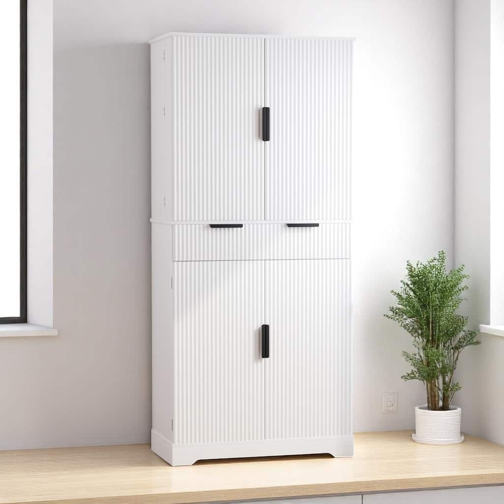 Tall Kitchen Pantry Cabinet with Fluted Doors, 3 Slide-Out Drawers & Door Spice Racks, 72" Freestanding Cupboard