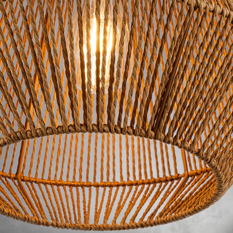 CraftHome Handcrafted 1-Light Farmhouse Natural Rattan Pendant Light With Boho Rope Woven Shape - W14"