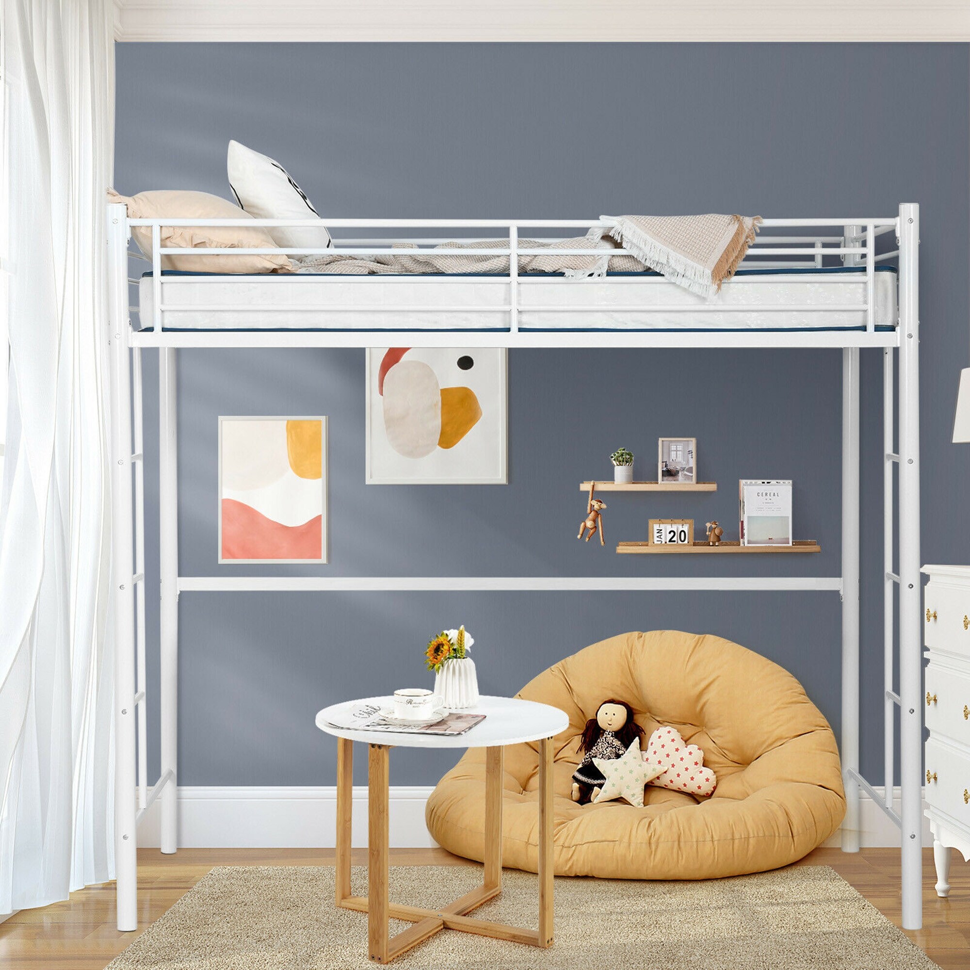 Gymax Twin Metal Loft Bed Frame w 2 Ladders Full length Guardrail