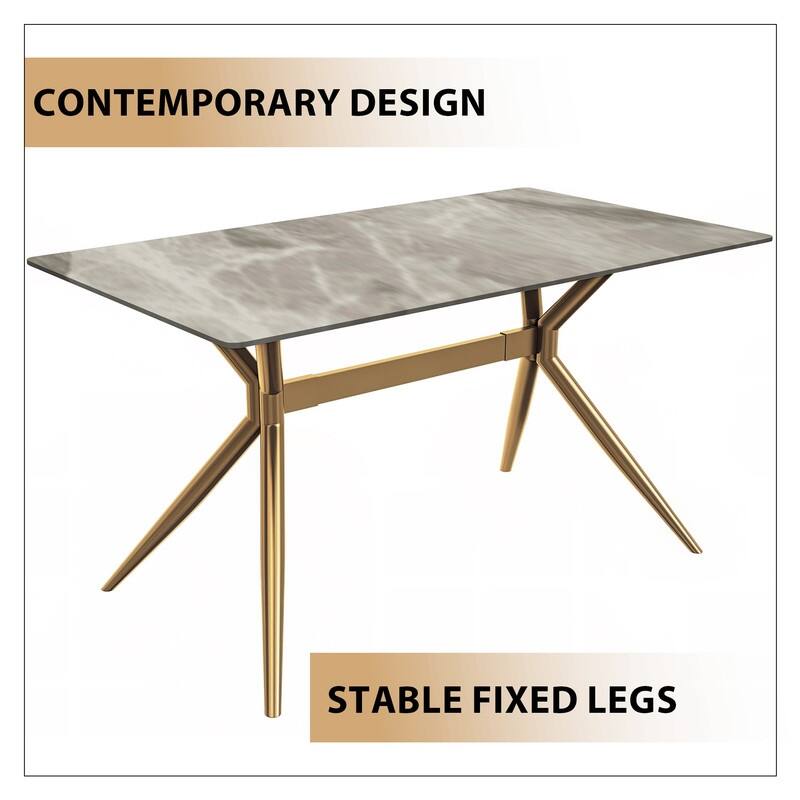 Elega Modern Contemporary Rectangular Glass or Sintered Stone Dining Table with Gold Steel Base for Dining Room or Kitchen