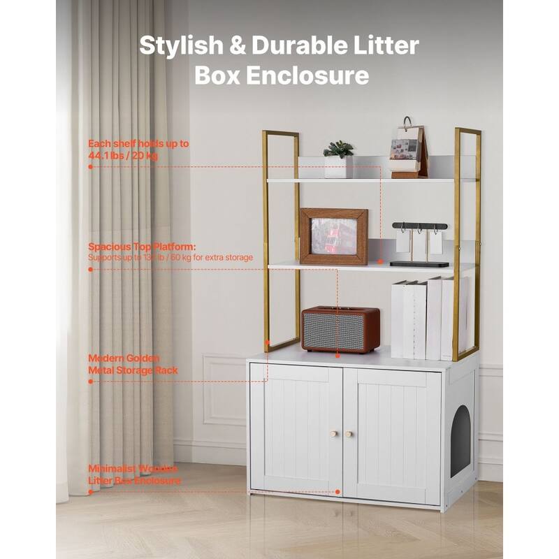 Modern White Cat Litter Box Enclosure with Gold Handles and Dual Door Hidden Cat Cabinet Table - 27.56 x 17.72 x 49.02 in