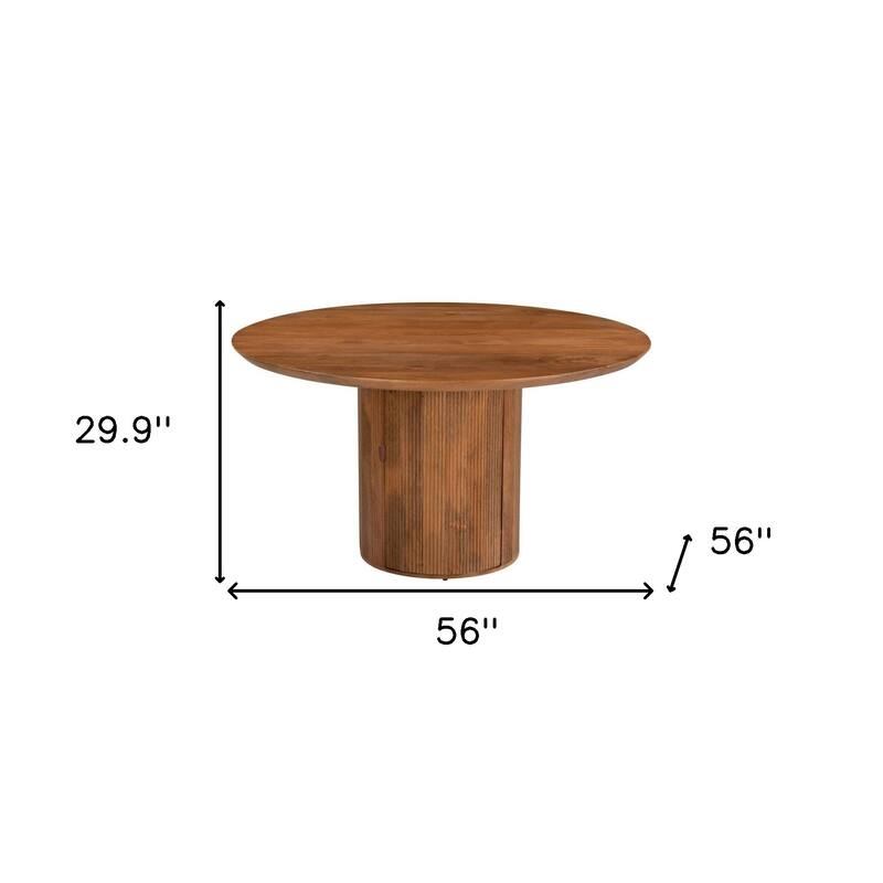 HomeRoots 56" Brown Solid Wood Ribbed Texture Pedestal Base Round Dining Table - 56.00 in. x 29.90 in. x 56.00 in.