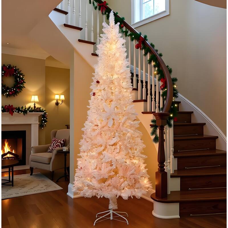 Tall Unlit Pencil Fir Artificial Tree - Realistic Branches, Steel Base - Pink,White