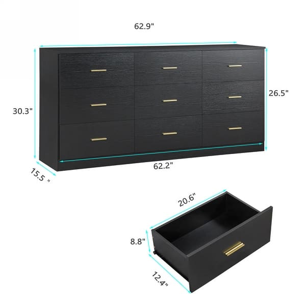 dimension image slide 0 of 2, Contemporary 9-Drawer Wide Dresser – Wood Bedroom Storage Chest with Spacious Capacity, Sturdy & Child-Safe Design‌
