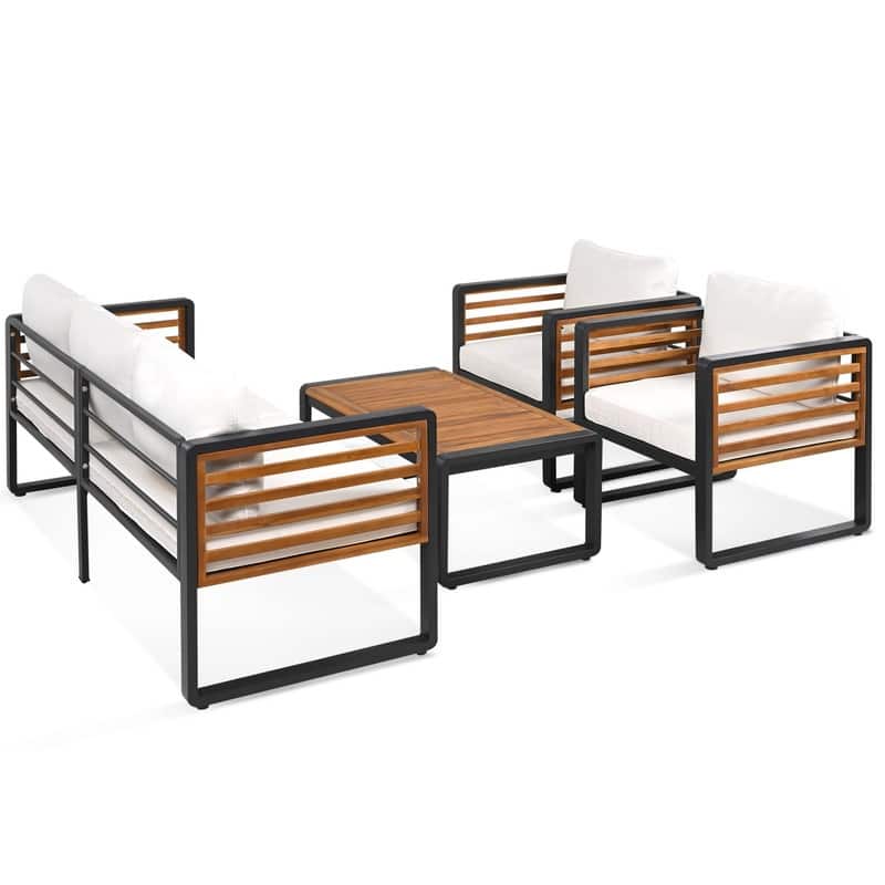 5-Person Outdoor Conversation Set with Removable Cushions and Stylish Metal Frame and Acacia Wood