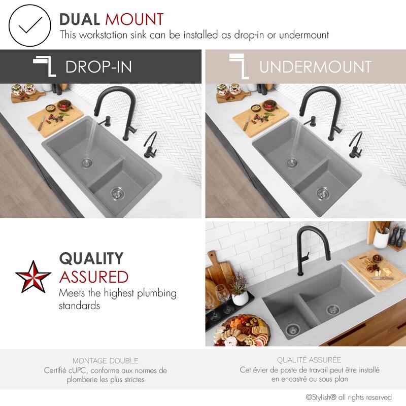 Composite Granite Dual-Mount 30" Double-Bowl kitchen Sink - 30" x 18" x 9.50"