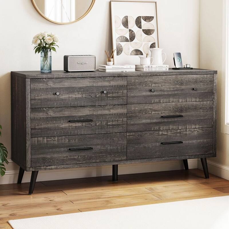 Adjustable Height 6 Drawers Dresser Storage Rustic Oak - 47 inches in width