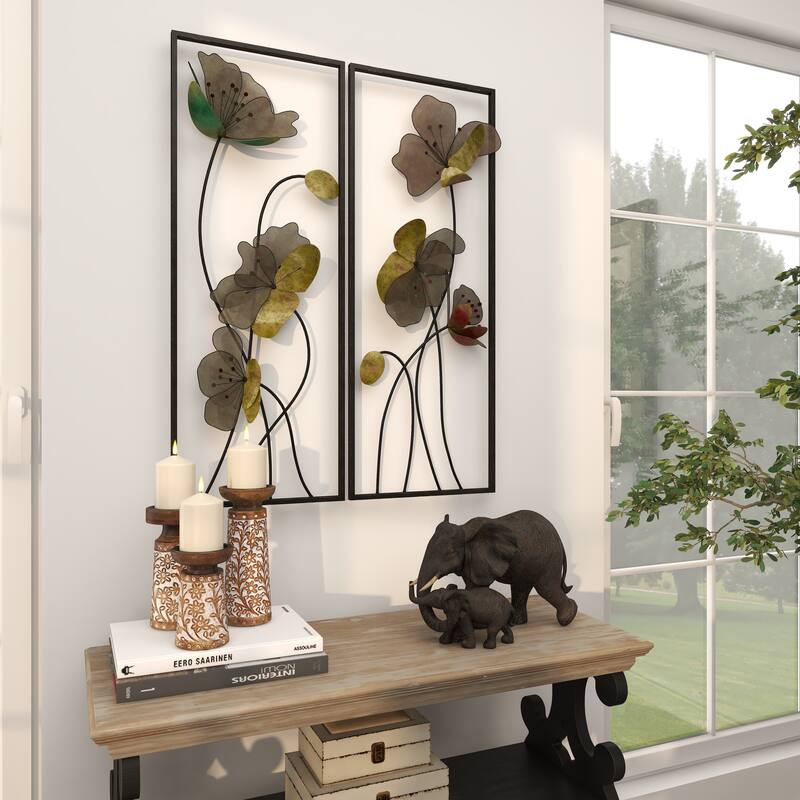 Black Metal Floral Home Wall Decor with Green and Orange Accents (Set of 2)
