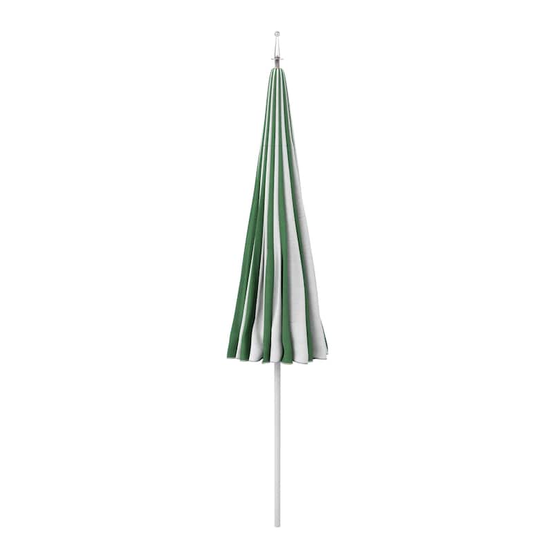California Umbrella 8.5' Pagoda Series Patio Umbrella White Aluminum Pole Push Lift Sunbrella Natural and Pacific Blue
