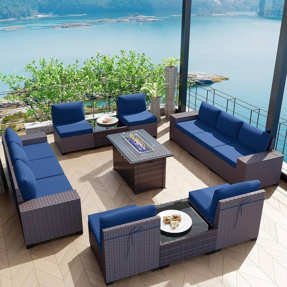 Delnavik 13 Pieces Outdoor Patio Furniture Set with Fire Pit Table w/ Wide Armrests