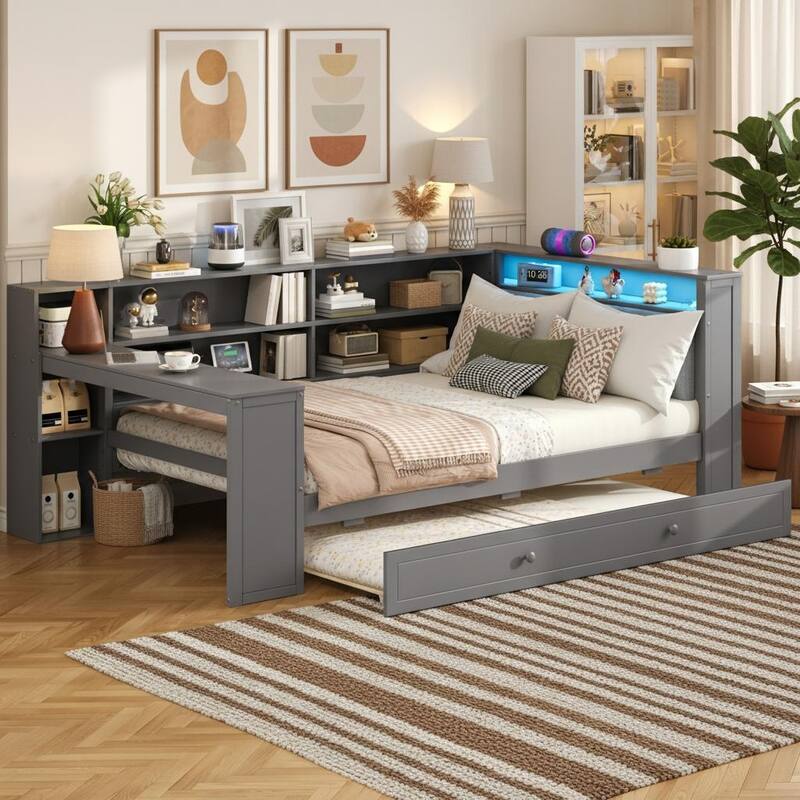Daybed Bed with Trundle, Storage Shelves, Charging Station, & LED Light by Harper&Bright Designs - Grey - Twin