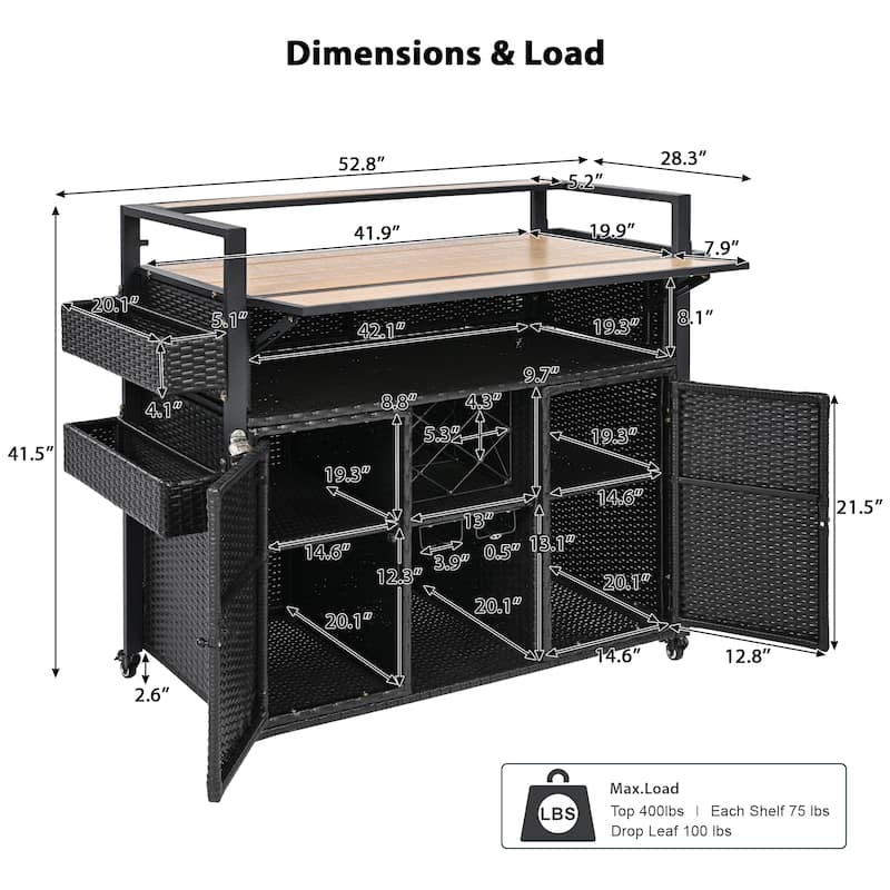 52.8"W Wicker Outdoor Grill cart with Extended Plastic Wood Table Top, Rolling Kitchen Island on Wheels with Storage Cabinet