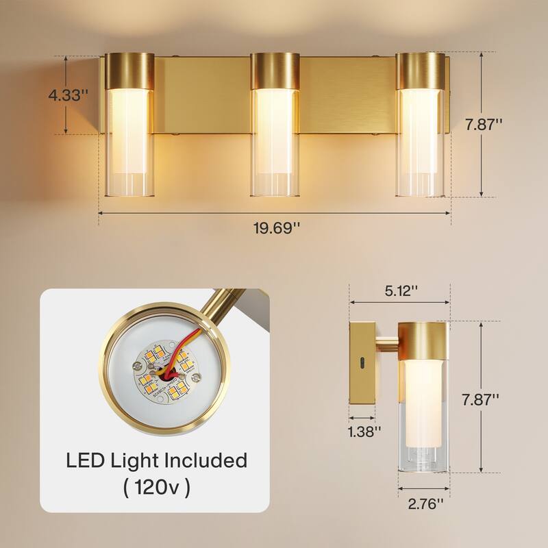 3-Light Vanity Lights Over Mirror, Wall Sconces with Clear Glass Shades for Bathroom Hallway Bedroom