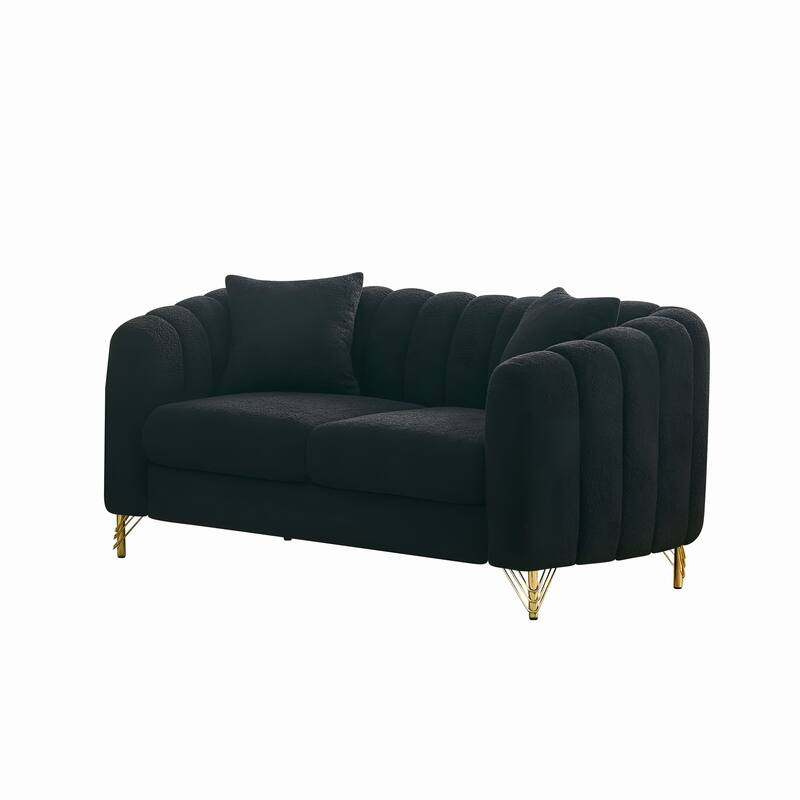 Roomfitters 63" Modern Teddy Fabric Loveseat with Gold Legs, Channel Stitched 2-Seater Sofa for Small Spaces