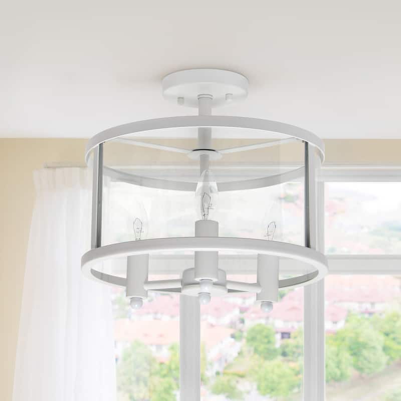 HomeStock 3-Light Semi-Flushmount Ceiling Fixture - Matte White Iron & Glass Shade - Bedroom, Foyer, Living Room Lighting - 9.25