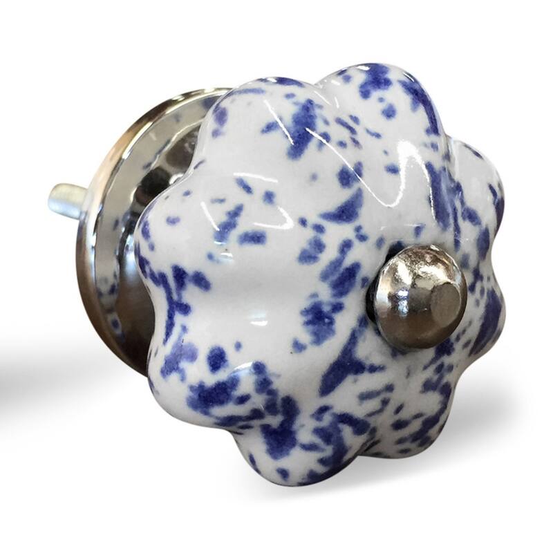 Set of 8 Blue and White Ceramic Flower Cabinet Pull Knobs with Silver Backplate for Living Room - 1.5” x 1.5” x 1.5”