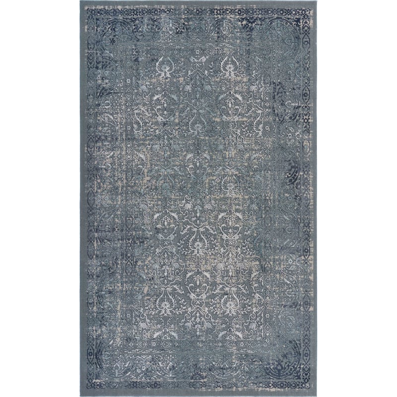 Sevita Carved Transitional Damask Polyester Area Rug, Blue and Silver
