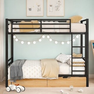 Metal Full Size Convertible Bunk Kids Bed Frame with 2-Drawers for Space-Saving Storage, Safety Guaranteed for Bedroom, Black