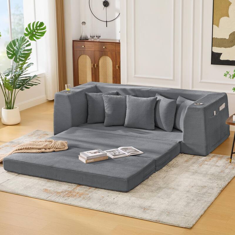 2 in 1 Convertible Sofa Bed, Sleeper Sofa with Storage Pockets, Pull Out Loveseat Couch with Two Cup Holders
