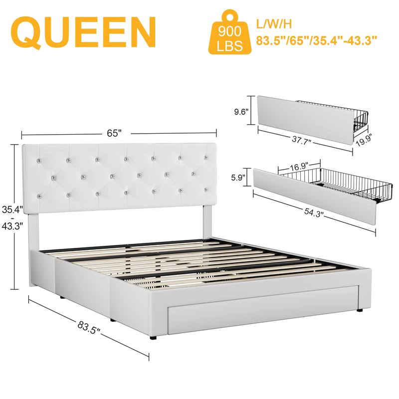 VECELO Bed Frame with Storage Drawers Leather Upholstered with Diamond Tufted Headboard Solid Wood Slat Support