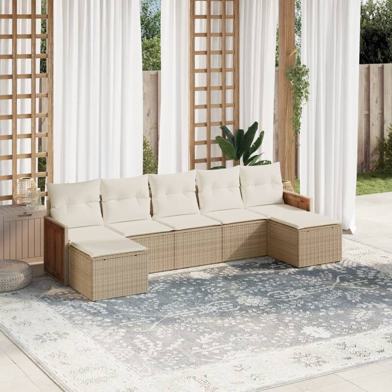 vidaXL Patio Sofa Set with Cushions Outdoor Conversation Furniture Poly Rattan - Beige and Cream - 24.4 x 23.2 x 27.2