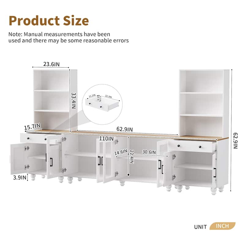 Entertainment Center for TVs Up to 70" with Adjustable Shelves, Tempered Glass Doors, Bookshelves & Storage Cabinets