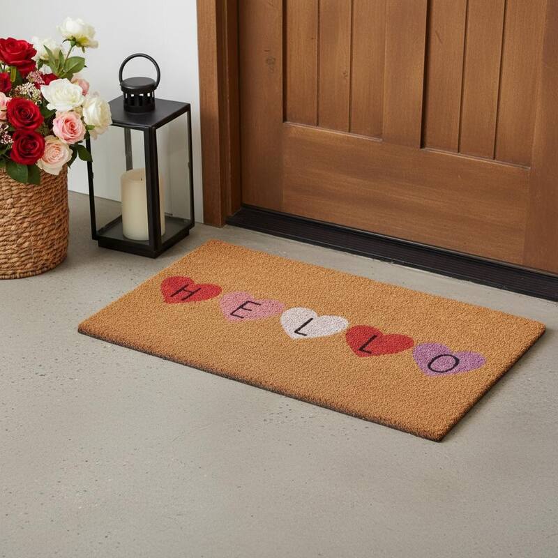 HomeRoots 17" X 29" Brown Pink Purple Hearts Hello Outdoor Coir Door Mat - 17.00' X '29.00 - 17.00' X '29.00