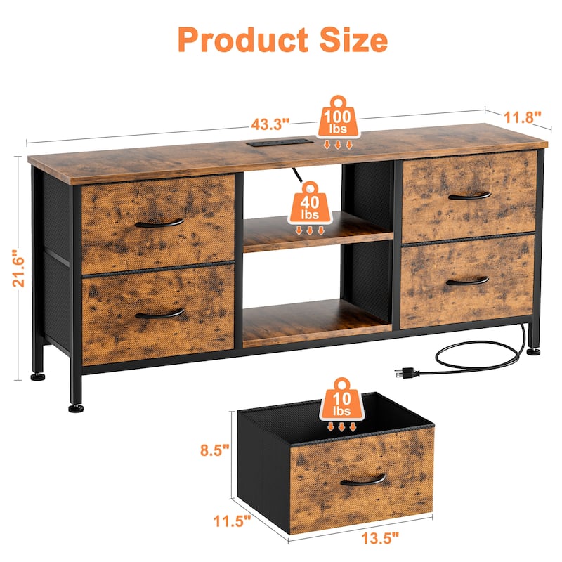 4 Drawer Dresser Fabric TV Stand Charging Station Chests of Drawers