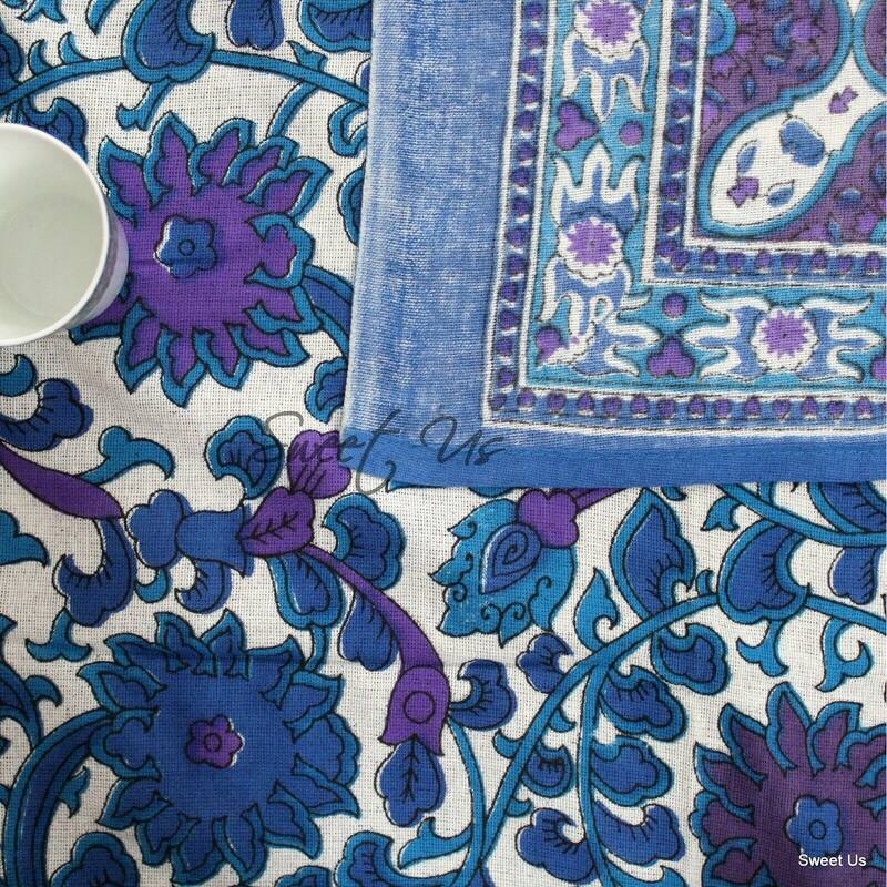 Cotton Auspicious Sunflower Floral Tablecloth Rectangle - Blue - 88 x 104 in