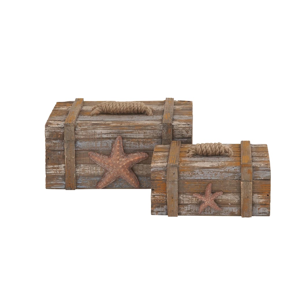 Wood Starfish Handmade Distressed Box with Knotted Rope Details - Set of 2 Brown - Roche River Decor - 6"W x 10"L x 4"H