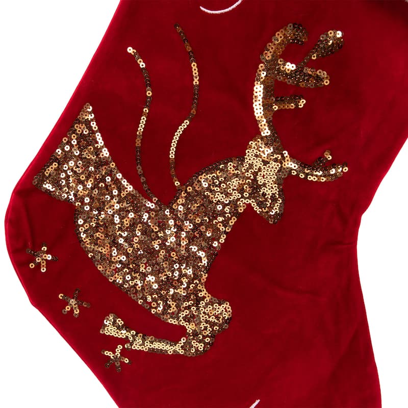 Reindeer and Snowflake Sequin Christmas Stockings - 20" - Red and White - Set of 2